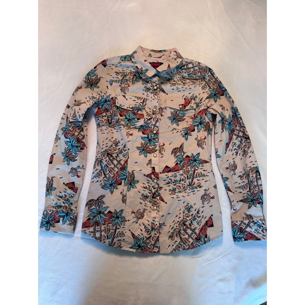 Rockmount Ranch Wear Western Snap Shirt Desert Cowboy Print Tan Blue Red med